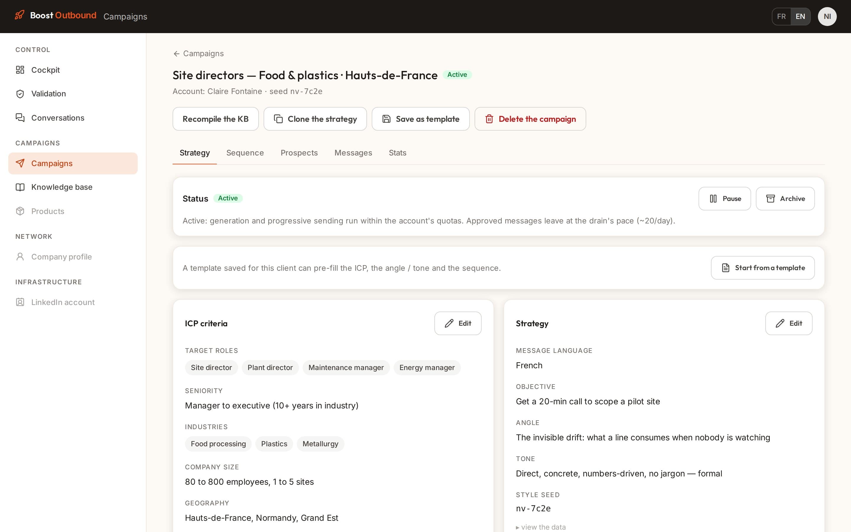 Boost Outbound : critères de ciblage d'une campagne, fonctions, secteurs, taille et zone