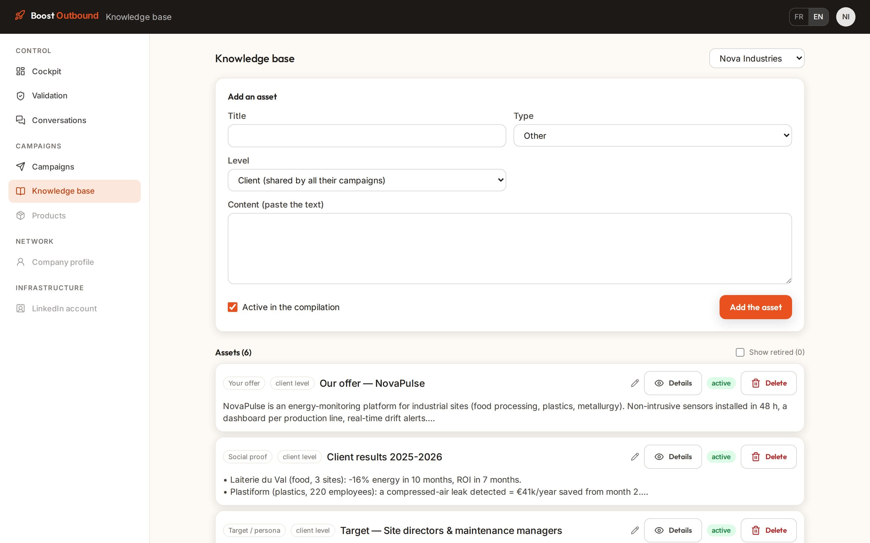 Boost Outbound: knowledge base with the offer, proof and target that feed the AI