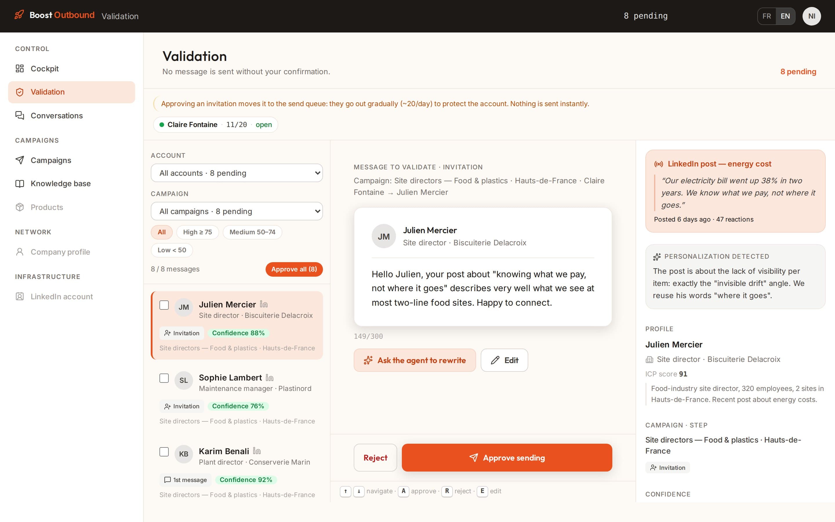 Boost Outbound: validation queue, every message waits for your approval